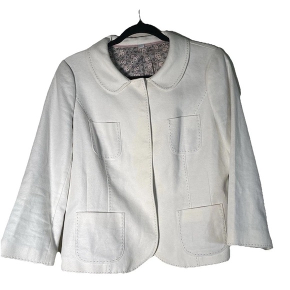 Boden Linen Cotton Lady Jacket Blazer  Winter White Peter Pan Collar Sz 10 - Picture 2 of 16